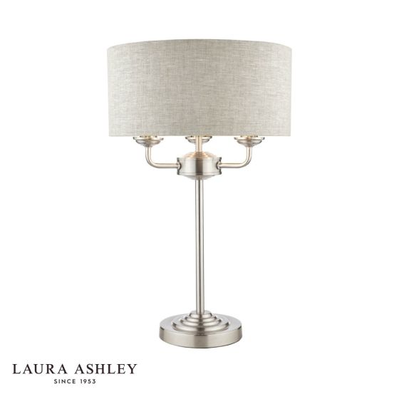 Laura Ashley Sorrento 3 Light Table Lamp Satin Nickel and Natural With Shade