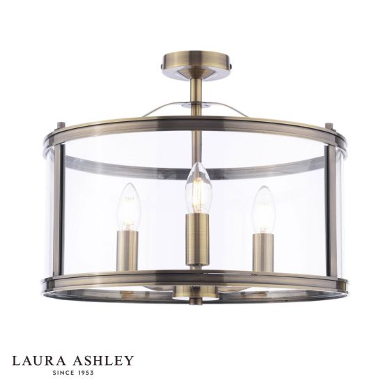 Laura Ashley Harrington 3 Light Semi-Flush Antique Brass and Glass