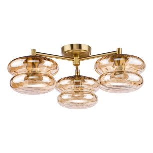 Alcella 3 Light Flush Natural Brass and Amber Dimple Glass