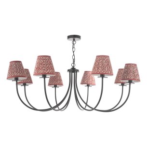 Becca 8 Light Armed Pendant Matt Black With Red Leaf Print Pleated Shade