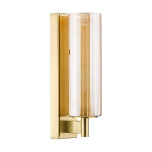 Bevin Bathroom Wall Light Natural Brass and Amber Ribbed Glass IP44