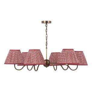 Caliro 6 Light Pendant Antique Bronze with Red Leaf Print Pleated Shades