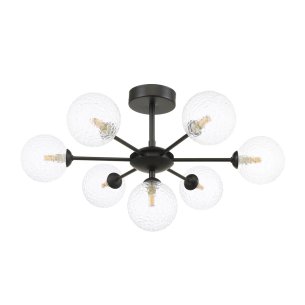 Cohen 7 Light Pendant Matt Black With Clear Hammered Glass