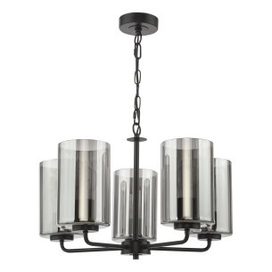 Daylin 5 Light Pendant Satin Black and Smoked Ribbed Glass