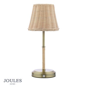 Joules Elcot Rechargeable Table Lamp Antique Brass With Rattan Shade LED