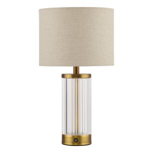 Enrico Rechargeable Table Lamp Antique Bronze and Ribbed Glass With Linen Shade LED