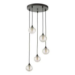 Federico 5 Light Cluster Pendant Matt Black With Ribbed Glass