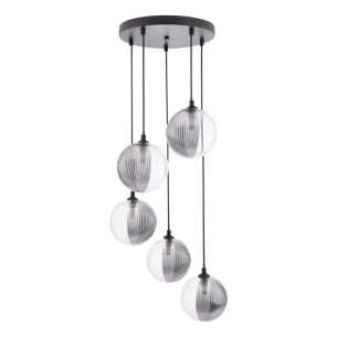 Federico 5 Light Cluster Pendant Matt Black With Smoked/Clear Ribbed Glass