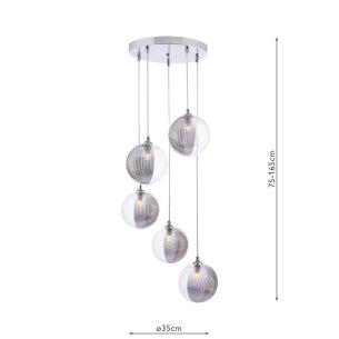 Federico 5 Light Cluster Pendant Polished Chrome With Smoked/Clear Ribbed Glass