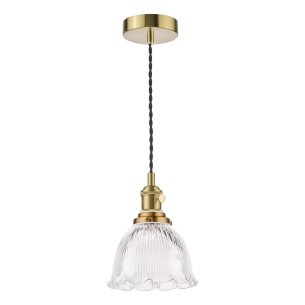 Hadano E14 Pendant Natural Brass and Domed Ribbed Glass Shade