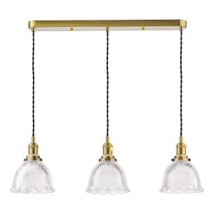 Hadano 3 Light Bar Pendant Natural Brass with Domed Ribbed Glass Shade