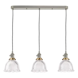 Hadano 3 Light Bar Pendant Antique Chrome with Domed Ribbed Glass Shades