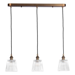 Hadano 3 Light Bar Pendant Antique Bronze with Clear Ribbed Glass Shades