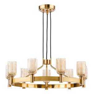Hilaria 9 Light Pendant Antique Gold and Amber Ribbed Glass