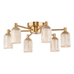 Hilaria 6 Light Flush Antique Gold and Amber Ribbed Glass