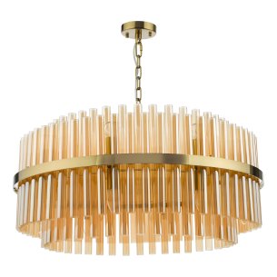 Imani 16 Light Pendant Natural Brass and Amber Ribbed Glass