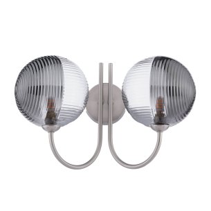 Jared 2 Light Wall Light Satin Nickel With Smoked/Clear Ribbed Glass