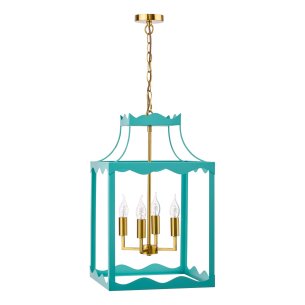 Jinele 4 Light Lantern Satin Eau De Nil Blue and Natural Brass