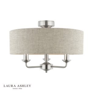 Laura Ashley Sorrento 3 Light Semi-Flush Satin Nickel and Natural With Shade