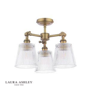 Laura Ashley Callaghan 3 Light Semi-Flush Matt Antique Brass and Ribbed Glass