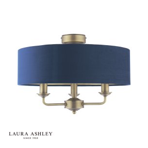 Laura Ashley Sorrento 3 Light Semi-Flush Matt Antique Brass With Blue Shade