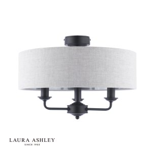 Laura Ashley Sorrento 3 Light Semi-Flush Matt Black With Natural Shade