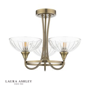 Laura Ashley Wellham 3 Light Semi-Flush Antique Brass and Ribbed Glass