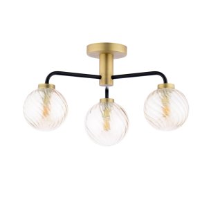 Lainey 3 Light Semi-Flush Matt Black and Antique Brass With Twisted Amber Glass