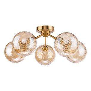 Liora 5 Light Semi-Flush Antique Gold and Amber Ribbed Glass