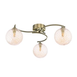 Nakita 3 Light Semi Flush Antique Brass With Amber Hammered Glass