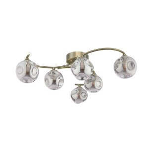 Nakita 6 Light Semi Flush Antique Brass With Closed Organic Smoked Glass
