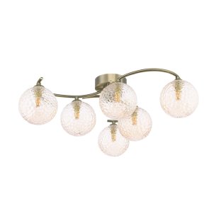 Nakita 6 Light Semi Flush Antique Brass With Amber Hammered Glass