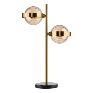 Ophira 2 Light Table Lamp Antique Gold Black Marble and Amber Ribbed Glass 