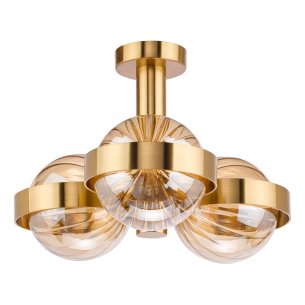 Ophira 3 Light Semi-Flush Antique Gold and Amber Ribbed Glass
