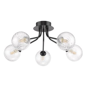 Poyen 5 Light Semi-Flush Matt Black and Ribbed Glass