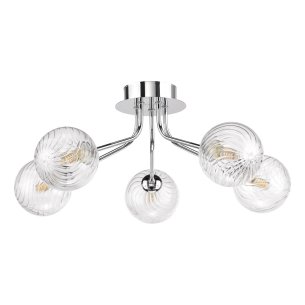 Poyen 5 Light Semi-Flush Polished Chrome and Ribbed Glass