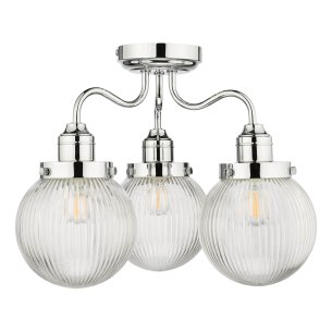 Tamara 3 Light Bathroom Semi Flush Polished Chrome Ribbed Glass IP44 