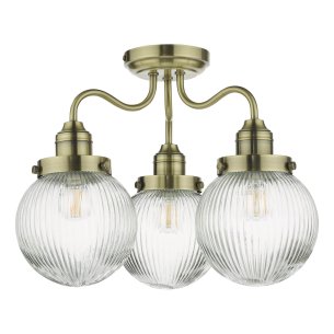 Tamara 3 Light Bathroom Semi Flush Antique Brass Ribbed Glass IP44 