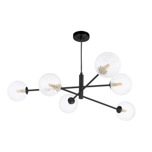 Vignette 6 Light Pendant Matt Black With Clear Hammered Glass
