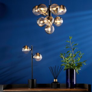 Vine 10 Light Pendant Satin Black With Smoked/Clear Ribbed Glass