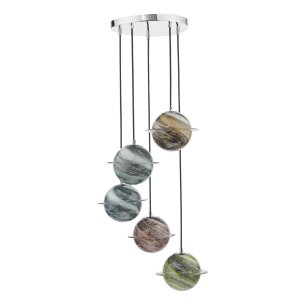 Cygnus 5 Light Cluster Pendant Polished Chrome and Art Glass