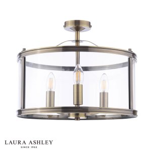 Laura Ashley Harrington 3 Light Semi-Flush Antique Brass and Glass