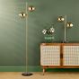 Ophira 2 Light Floor Lamp Antique Gold Black Marble and Amber Ribbed Glass