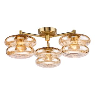 Alcella 3 Light Flush Natural Brass and Amber Dimple Glass
