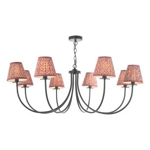 Becca 8 Light Armed Pendant Matt Black With Red Leaf Print Pleated Shade