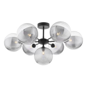 Cohen 7 Light Pendant Matt Black With Smoked/Clear Ribbed Glass