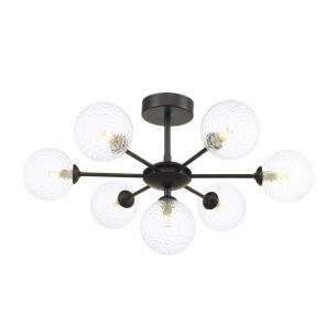 Cohen 7 Light Pendant Matt Black With Clear Hammered Glass