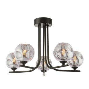 Cradle 5 Light Semi Flush Matt Black With Closed Organic Smoked Glass