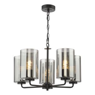 Daylin 5 Light Pendant Satin Black and Smoked Ribbed Glass