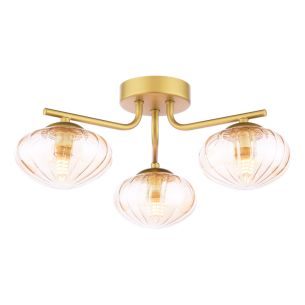 Ede 3 Light Semi-Flush Satin Gold and Amber Glass